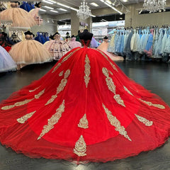 Luxury & Gorgeous Sweetheart Neck Long Sleeves Gold Appliques Red Tulle Quinceanera Dress Birthday Party Gown For Sweet 16