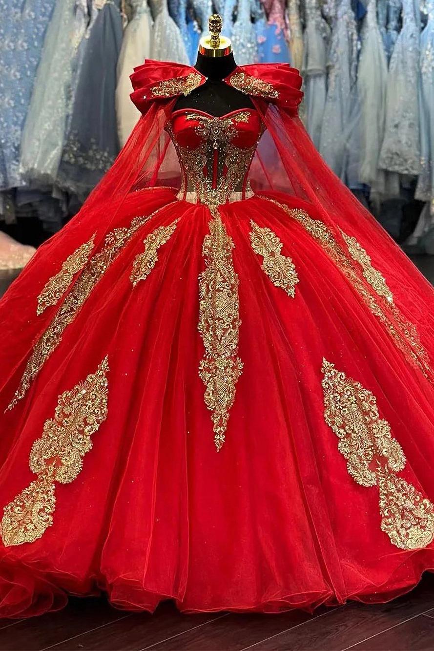Luxury & Gorgeous Sweetheart Neck Long Sleeves Gold Appliques Red Tulle Quinceanera Dress Birthday Party Gown For Sweet 16