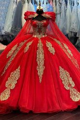 Luxury & Gorgeous Sweetheart Neck Long Sleeves Gold Appliques Red Tulle Quinceanera Dress Birthday Party Gown For Sweet 16