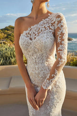 Luxury Lace One Shoulder Long Sleeves Mermaid Wedding Dress
