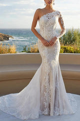 Luxury Lace One Shoulder Long Sleeves Mermaid Wedding Dress