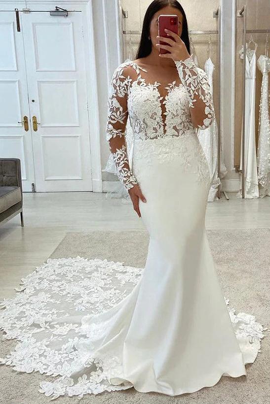 Luxury Lace/Satin Wedding Dress with Illusion Neck and Long Sleeves