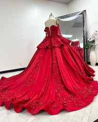 Luxury Off Shoulder Long Sleeves Flowers Lace Appliques Red Satin Quinceanera Dress For Sweet 16