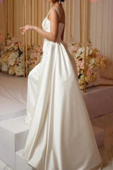 Luxury Satin Wedding Dress Beaded One Shoulder Bridal Dress with Panel Train