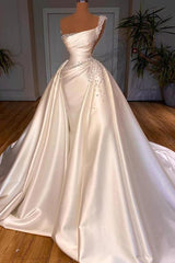 Luxury Satin Wedding Dress Beaded One Shoulder Bridal Dress with Panel Train