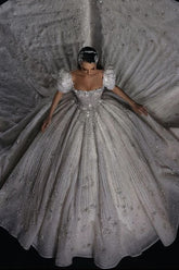 Luxury Short Sleeve Wedding Dress Ball Gown Square Neck Bridal Gown with Beadings and Rhinestones