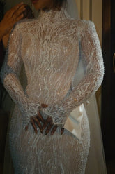 Luxury Long Sleeve Wedding Dress Beaded Mermaid High Neck Bridal Gown with Detachable Train