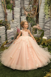 Pink Ball Gown Tulle Princess Flower Girl Dress with Lace Appliques