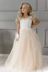 Tulle Cap Sleeve Princess Flower Girl Dress with Lace Appliques