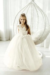 V Neck Tulle Flower Girl Dress with Lace Appliques