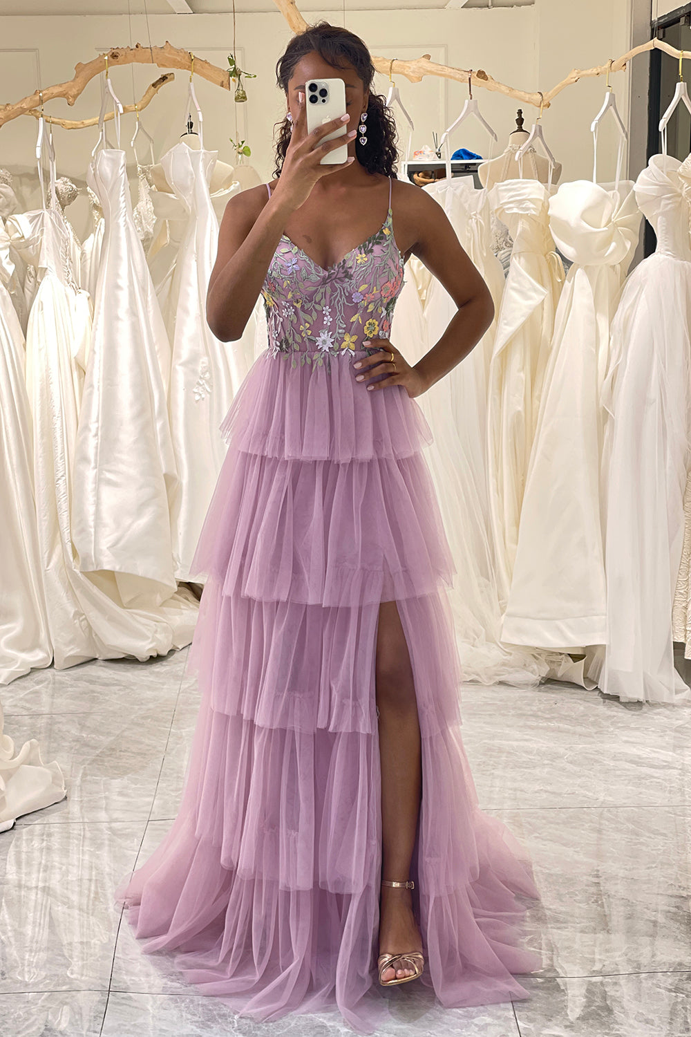 Mauve Prom Dress A Line Appliques Long Corset Tiered Evening Dress With Slit