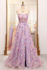Mauve Prom Dress A Line Tulle Appliqued Long Evening Dress With Slit