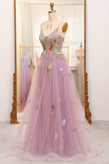 Mauve Prom Dress A Line Tulle Beaded Appliques Long Evening Dress With Front Slit