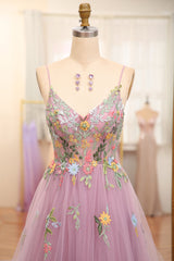 Mauve Prom Dress A Line Tulle Beaded Appliques Long Evening Dress With Front Slit