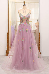 Mauve Prom Dress A Line Tulle Beaded Appliques Long Evening Dress With Front Slit