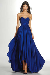 Maxi A Line Royal Blue Wedding Guest Dress Pleated Asymmetric Chiffon Strapless Formal Dress