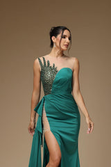 Mermaid Asymmetrical High Split Beaded Floor Length Sleeveless Prom Dress