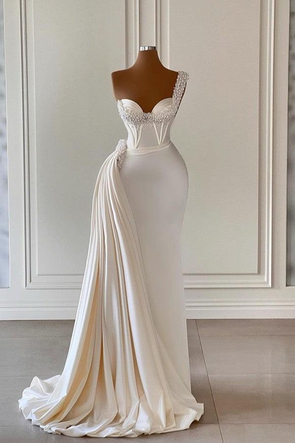 Mermaid Asymmetrical Wedding Dress Sweetheart Beaded Floor Length Sleeveless Bridal Gown With Side Train