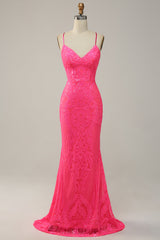 Mermaid Backless Hot Pink Prom Dress Sequined Long Evening Dress