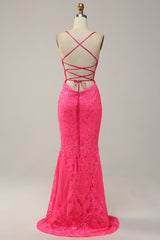 Mermaid Backless Hot Pink Prom Dress Sequined Long Evening Dress