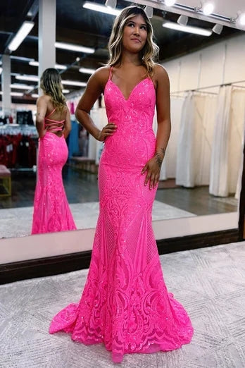 Mermaid Backless Hot Pink Prom Dress Sequined Long Evening Dress