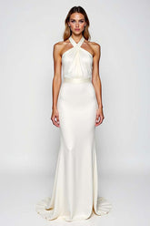 Mermaid Backless White Halter Long Formal Dress
