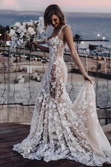 Mermaid Beach Wedding Dress Ivory Lace Appliqued Sweetheart Bridal Gown