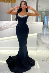 Mermaid Black Prom Dress Sleeveless Rhinestones Formal Dress