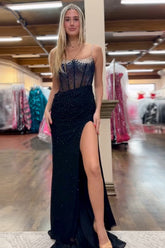 Mermaid Black Prom Dress Spaghetti Straps Corset Long Formal Dress With Slit