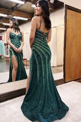 Mermaid Black Prom Dress Spaghetti Straps Formal Dress With Slit