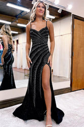 Mermaid Black Prom Dress Spaghetti Straps Formal Dress With Slit