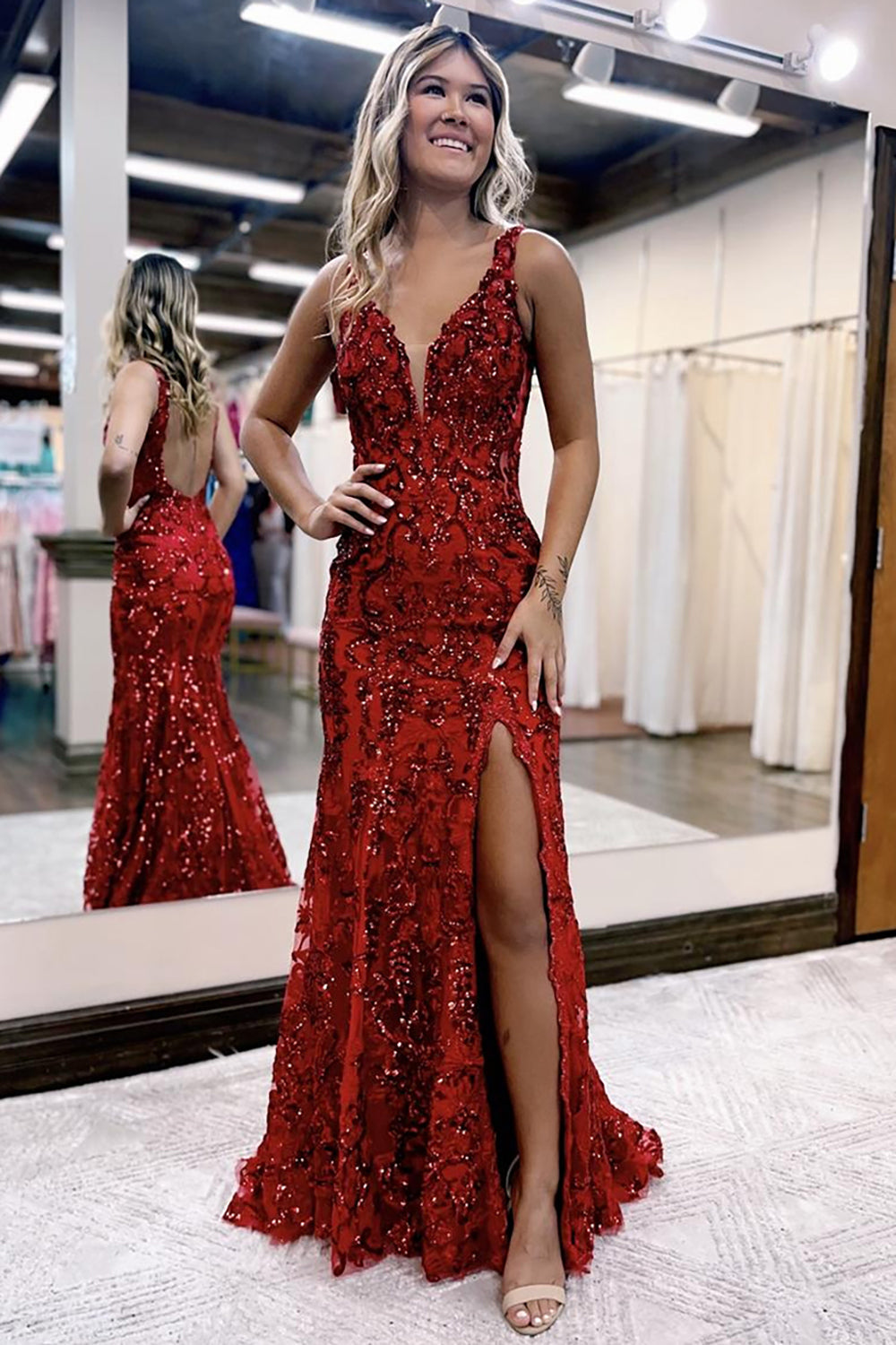 Mermaid Dark Red Prom Dress Long Formal Dress With Slit