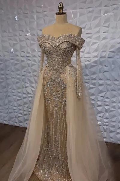 Champagne Detachable Train Prom Dress Long Sleeve Off the Shoulder Beaded Formal Dress