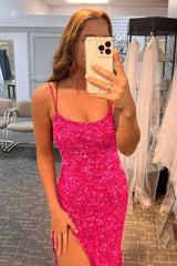 Mermaid Glitter Sequins Hot Pink Backless Long Prom Dress