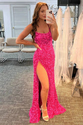 Mermaid Glitter Sequins Hot Pink Backless Long Prom Dress