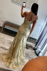 Mermaid Golden Long Sequins Prom Dress With Slit