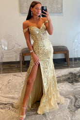 Mermaid Golden Long Sequins Prom Dress With Slit
