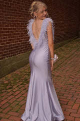 Mermaid Grey Deep V Neck Beaded Prom Dress with Feathers