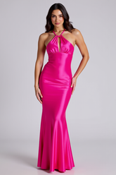 Mermaid Halter Fuchsia Wedding Guest Dress Satin Long Formal Dress