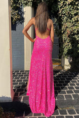 Mermaid Halter Neck Hot Pink Prom Dress Sequined Long Evening Dress with Split Front