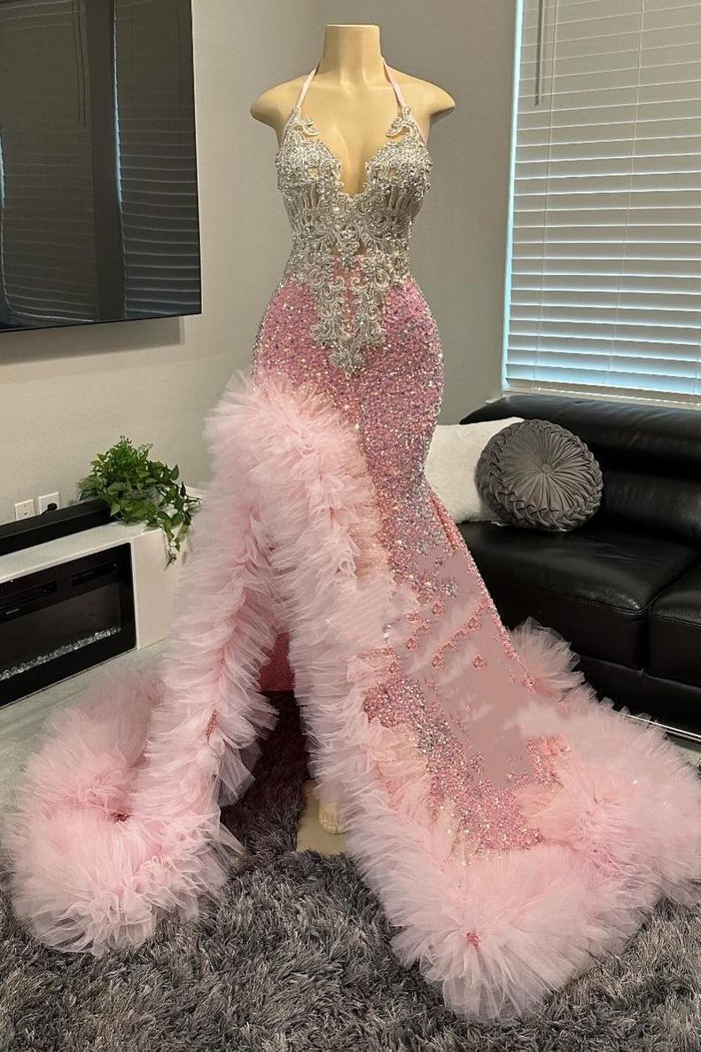 Mermaid Halter Prom Dress Tulle Ruffles High Split Formal Party Dress