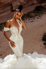 Mermaid Lace Off The Shoulder Sleeveless White Wedding Dress Bridal Gown With Beading