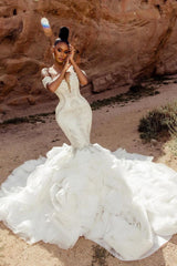 Mermaid Lace Off The Shoulder Sleeveless White Wedding Dress Bridal Gown With Beading
