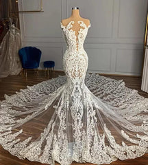 Mermaid Lace Wedding Dress Cap Sleeve Bridal Gown with Long Train