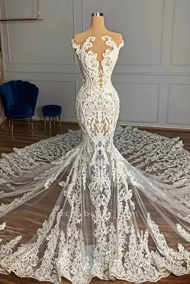 Mermaid Lace Wedding Dress Cap Sleeve Bridal Gown with Long Train