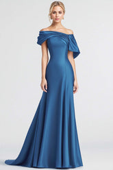 Mermaid Long Blue Wedding Guest Dress Off The Shoulder Sheath Satin Formal Dress