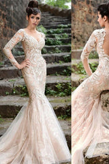 Mermaid Long Sleeves Ivory Lace Wedding Dress Tulle Appliques Bridal Dress