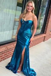 Mermaid Metallic Turquoise Prom Dress Strapless Long Formal Dress With Slit