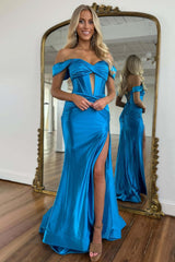 Dreamyannie Emerald Green Prom Dress Off The Shoulder Mermaid Long Formal Dress With Slit