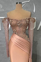 Mermaid Off The Shoulder Satin Beading Pearls Formal Dress With Sleeves